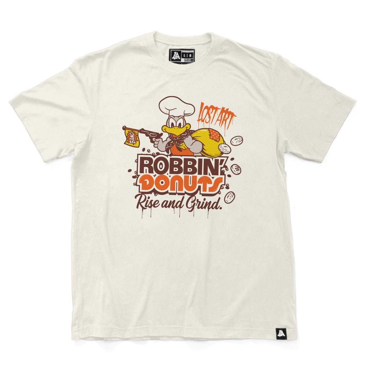 Lost Art Canada - brown orange print on natural eco lost art coffee donut tee front view