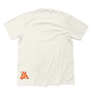 Lost Art Canada - brown orange print on natural eco lost art coffee donut tee back view