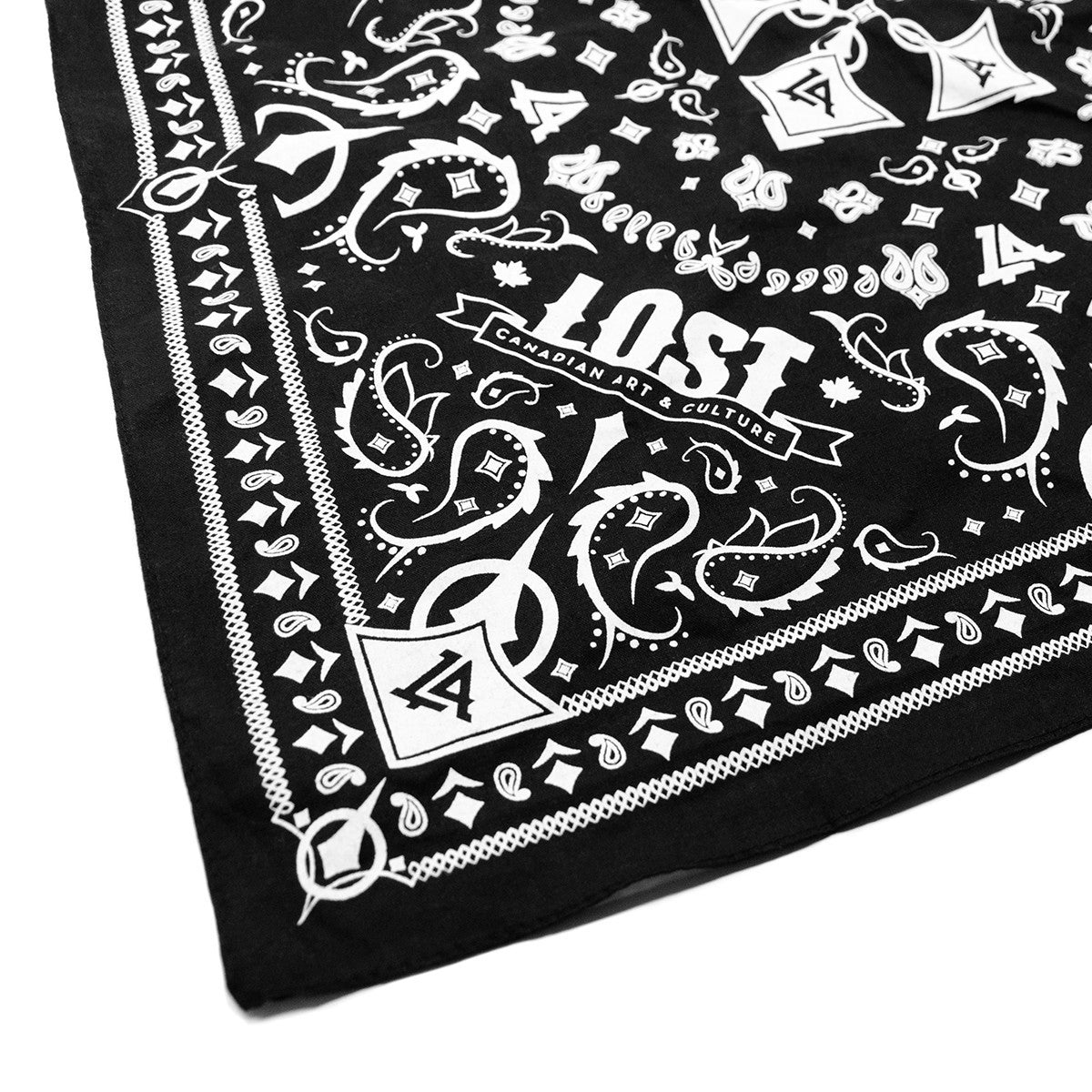 Lost Art Canada - custom black bandana close up