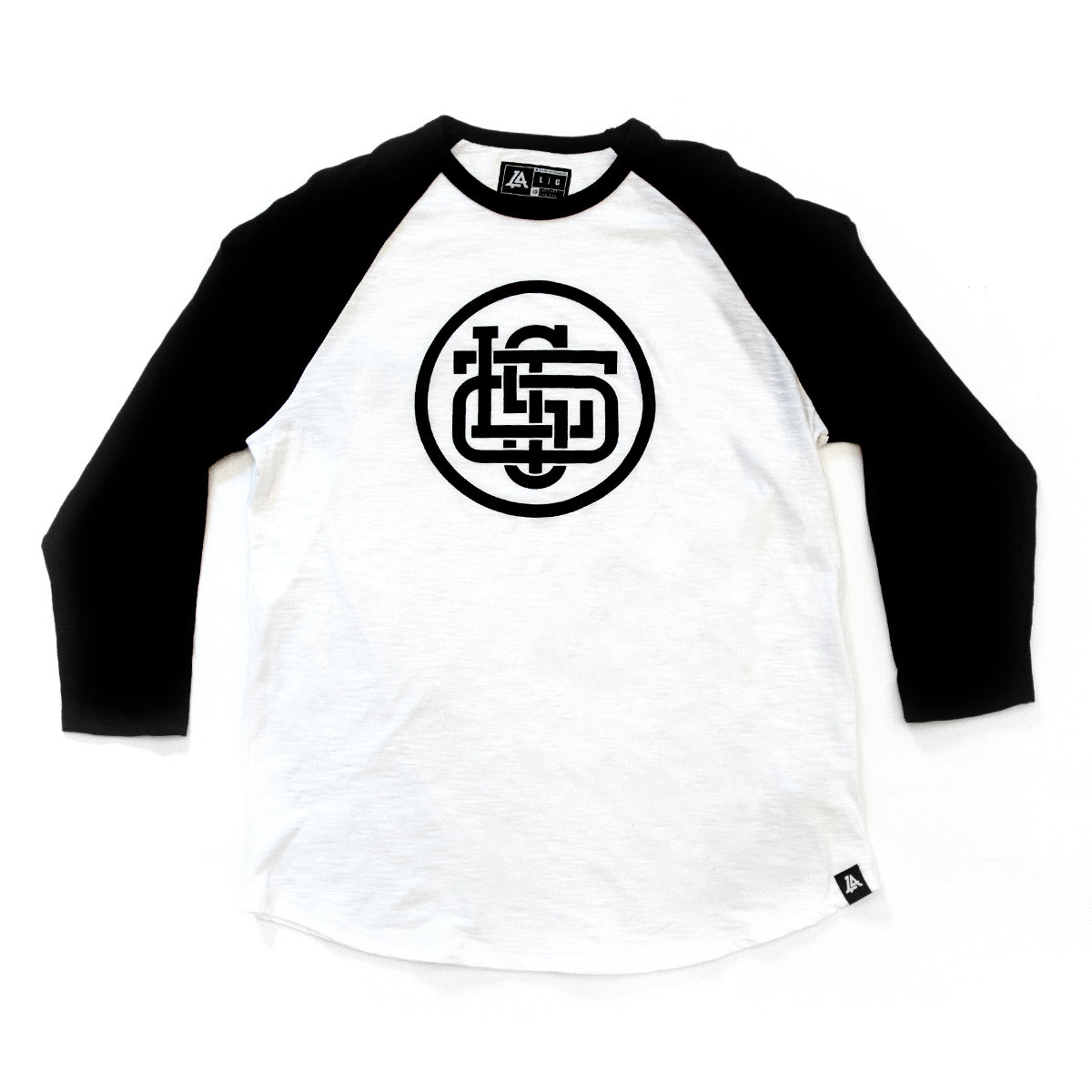 Lost Art Canada - black and white LOST monogram baseball tee front view