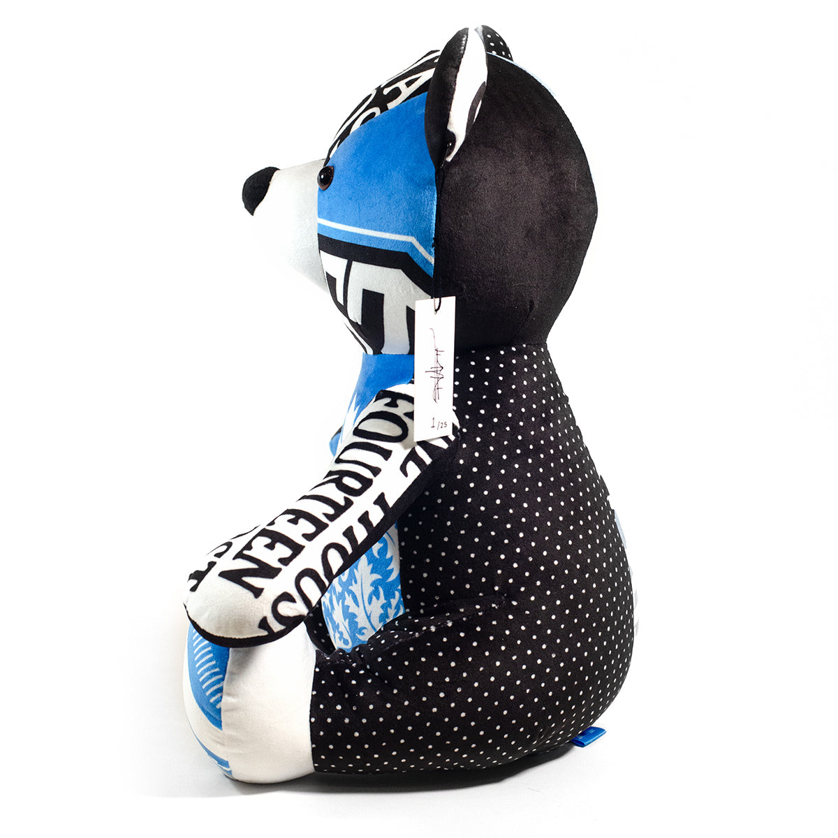 Lost Art Canada - black white blue patterned teddy bear left side view