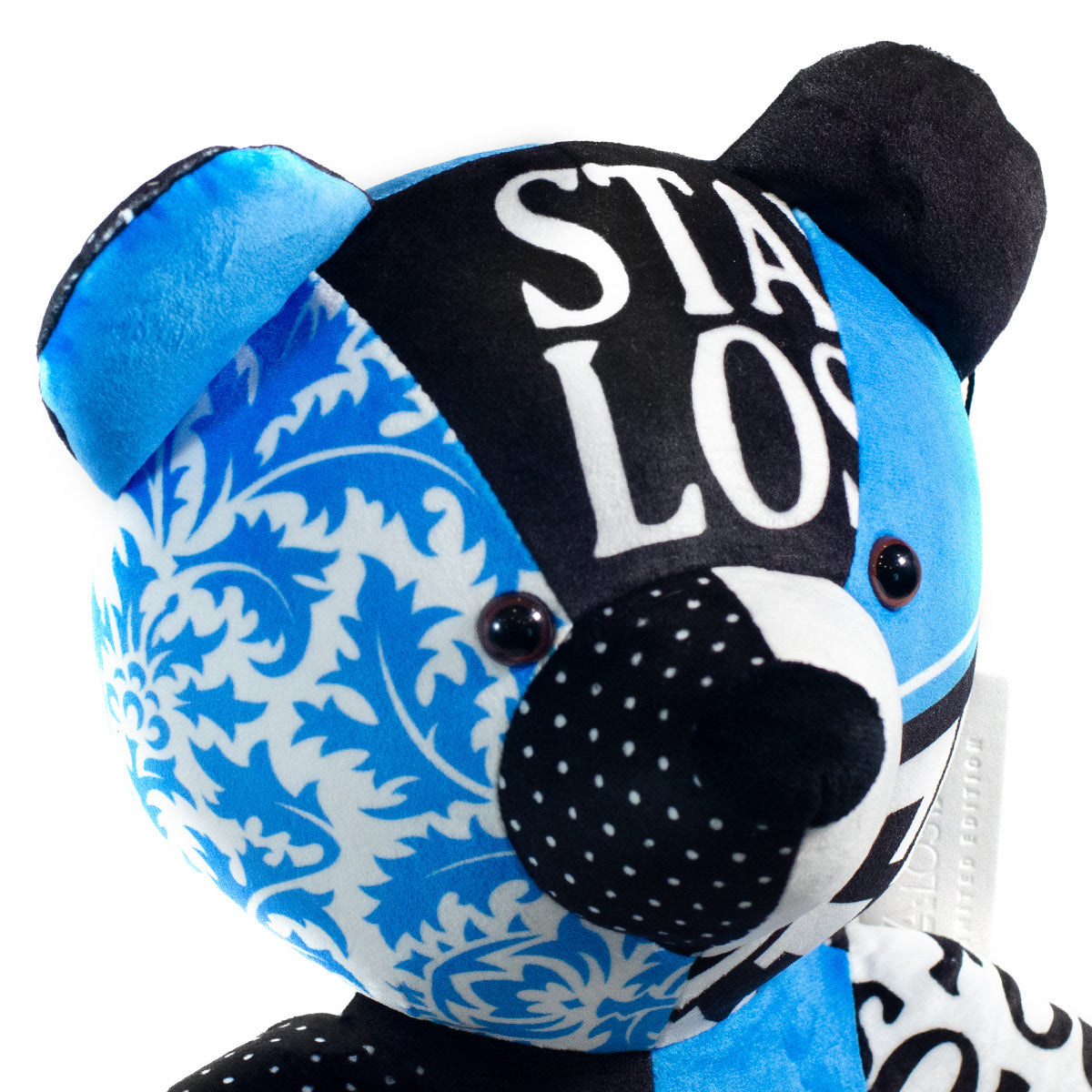 Lost Art Canada - black white blue patterned teddy bear close up view