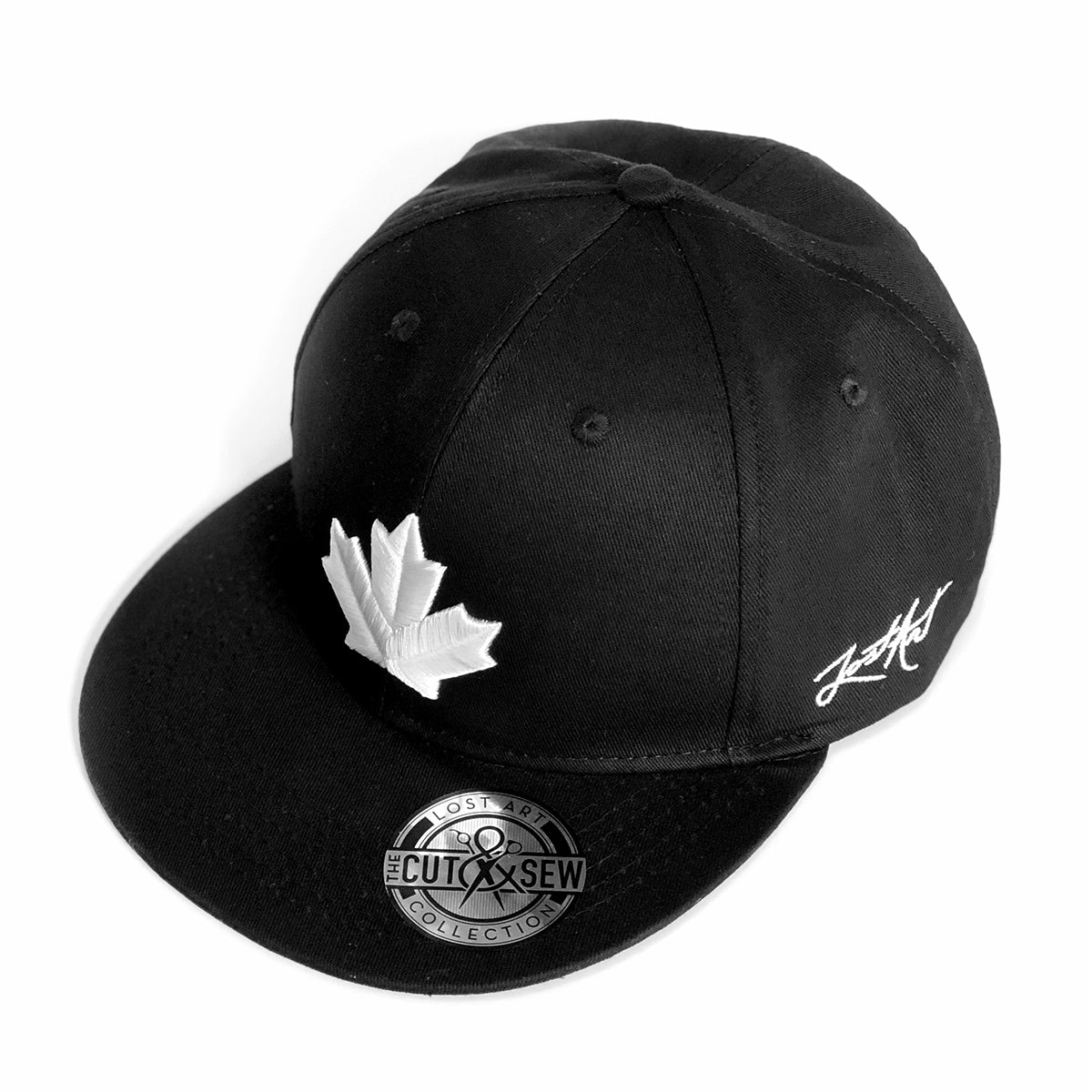 Lost Art Canada - white maple leaf black snapback hat angle view