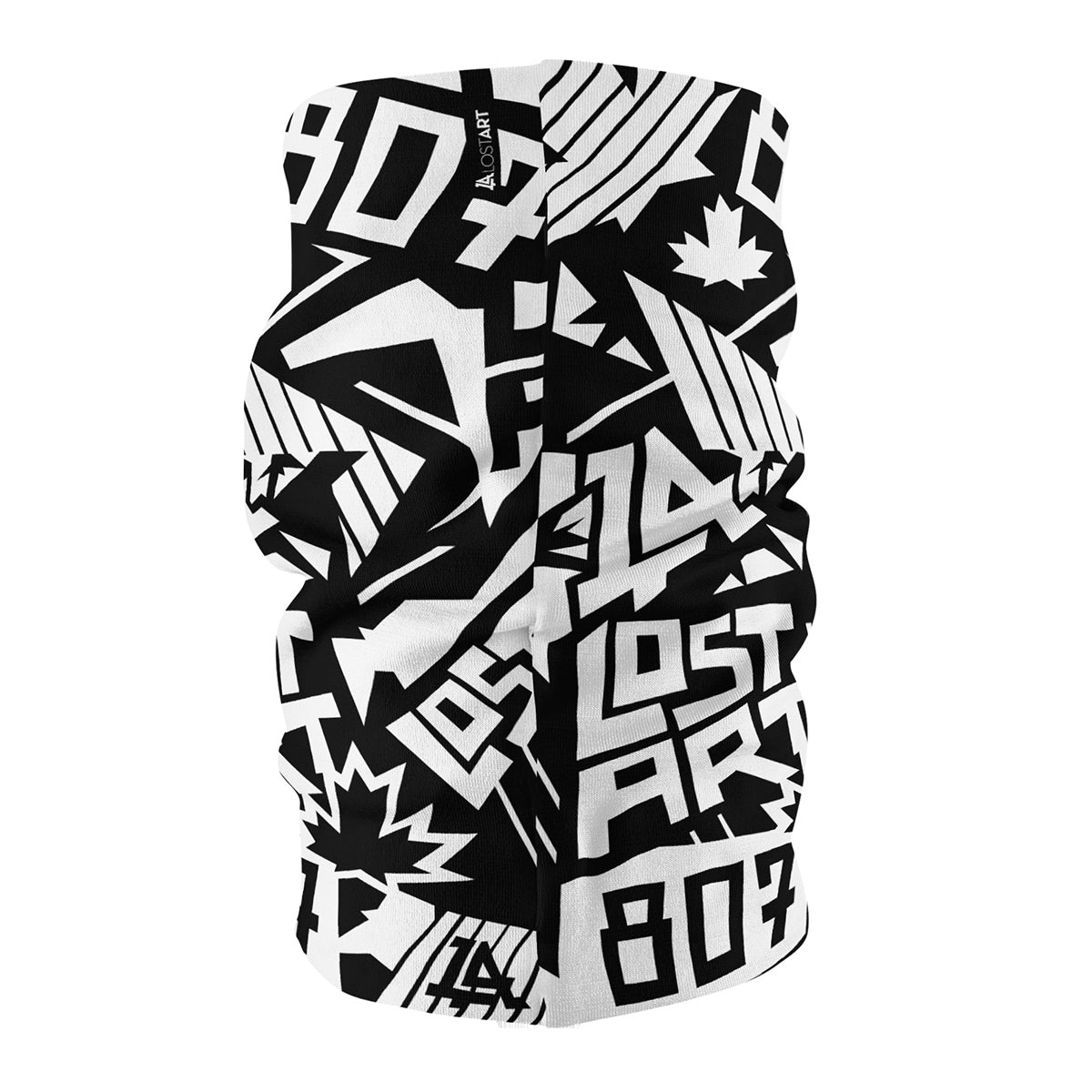 Lost Art Canada - all-over print black white neck tube side view