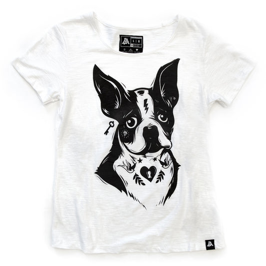 Lost Art Canada - black on white women puppy dog tee front view