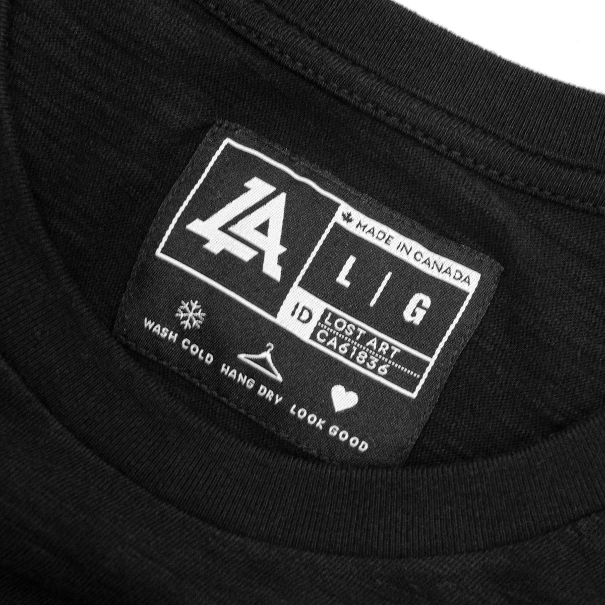 Lost Art Canada - discharge print black buddha tee inside tag view