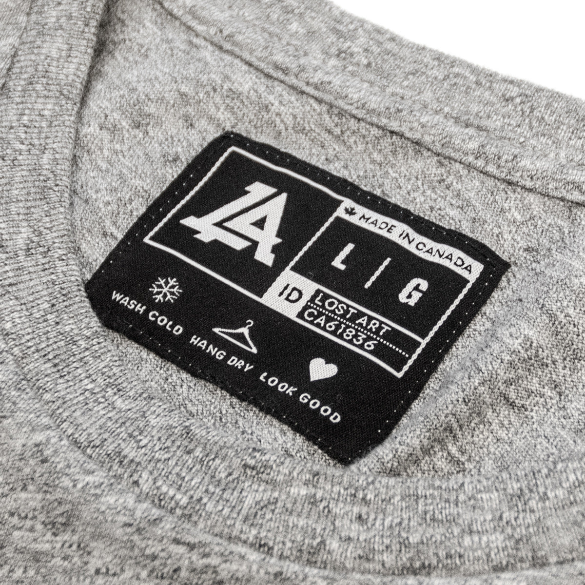 Lost Art Canada - white on grey vintage gridlock tee inside tag view