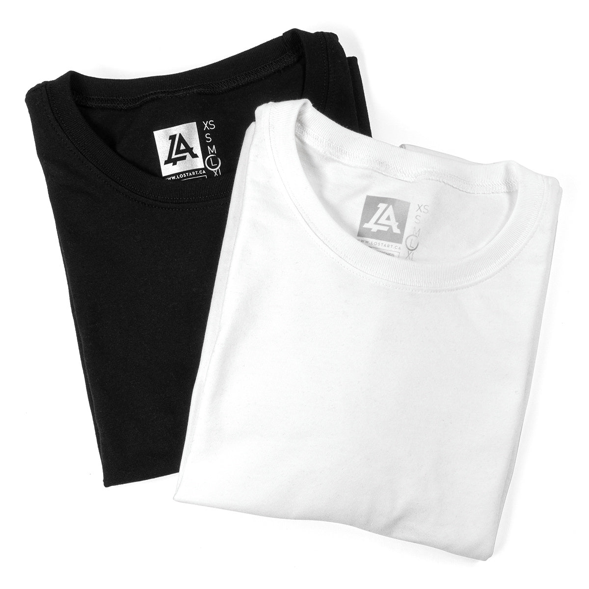 Lost Art Canada - black and white tagless basic tees front fold view