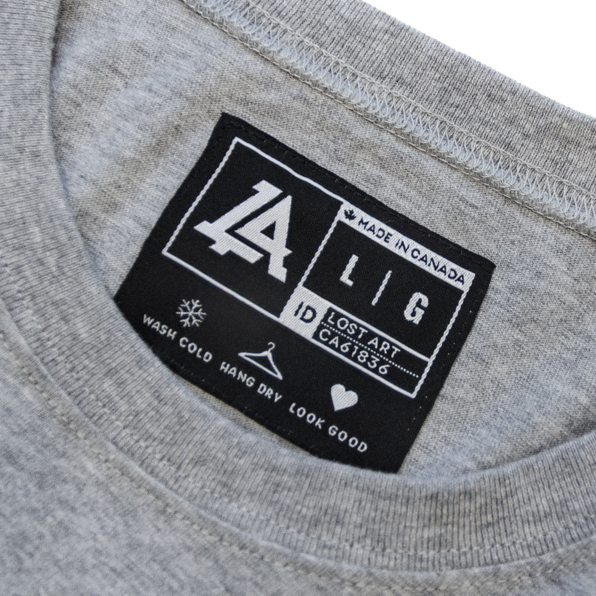 Lost Art Canada - white on grey basic logo tee inside tag view