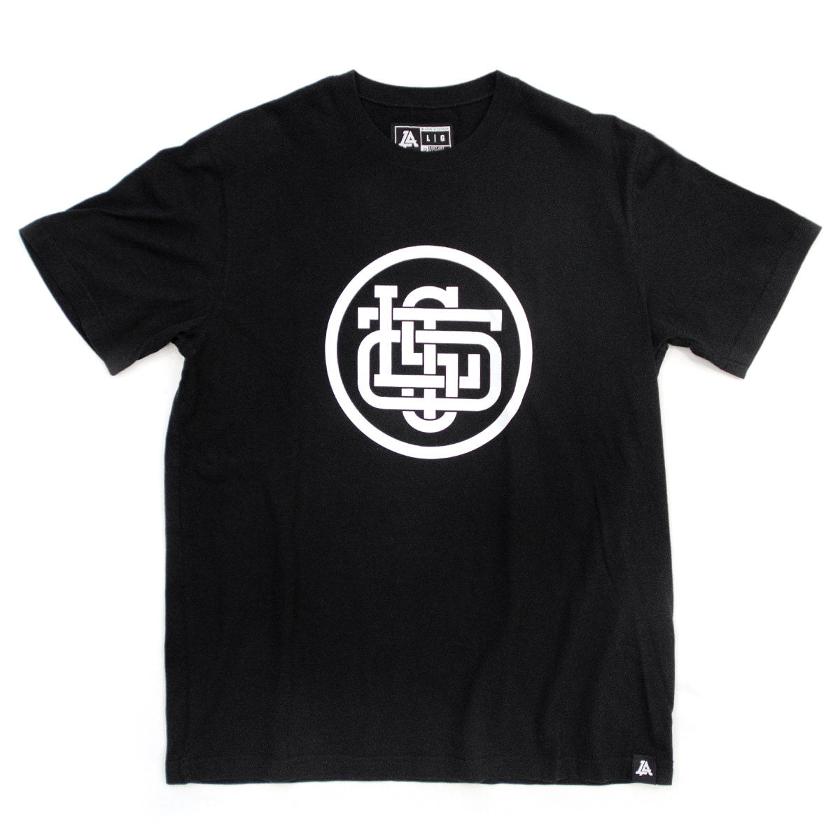 Lost Art Canada - white on black monogram logo tee front view